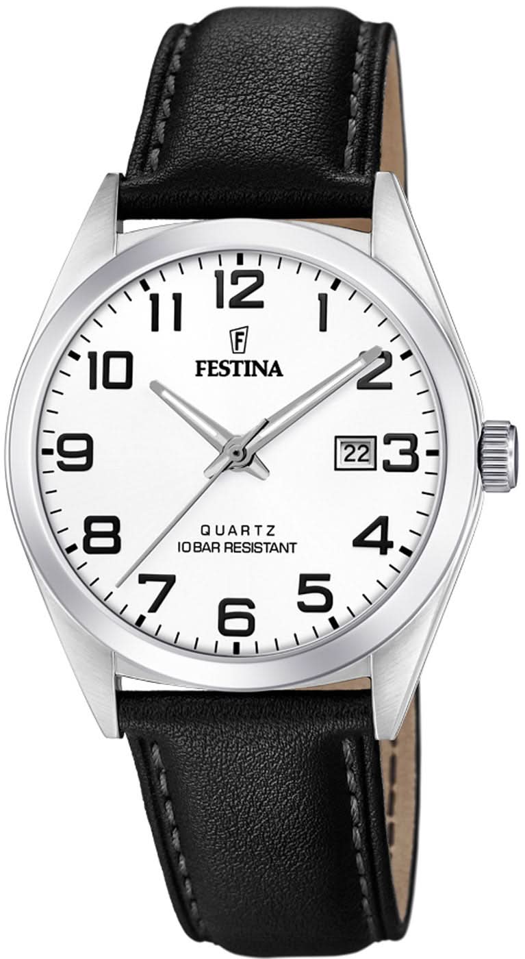 Montre Festina pour homme : cuir noir, boîtier argenté, cadran blanc, guichet date