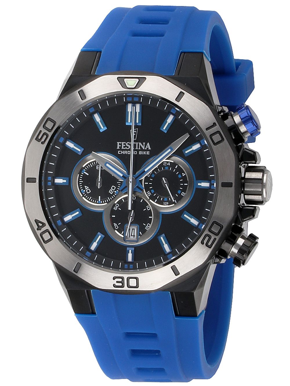 Festina Chronograph-Herrenuhr: blaues Silikonband, blaues Zifferblatt, Mineralglas
