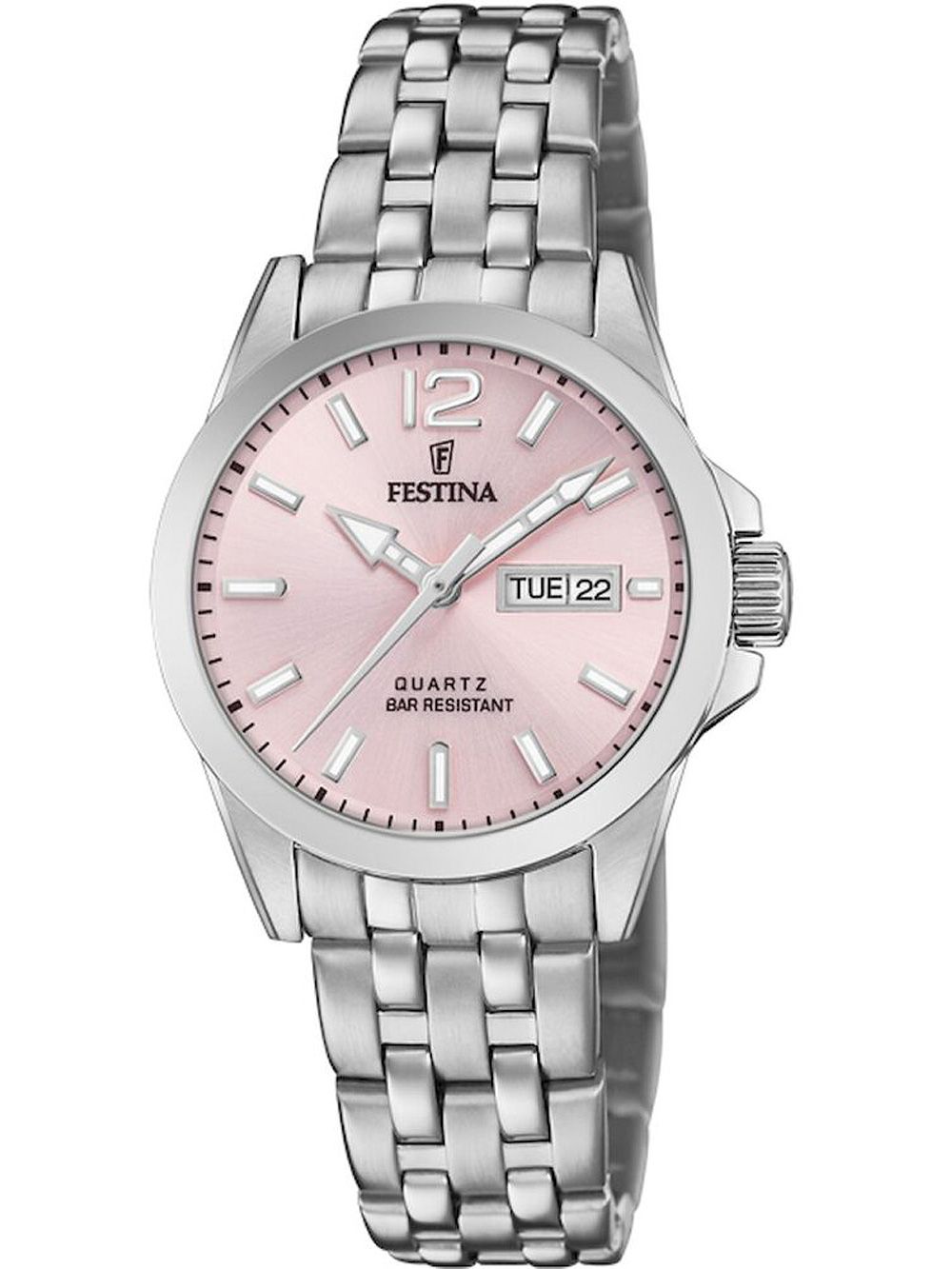 Festina Damenuhr mit silbernem Metallband, rosafarbenem Zifferblatt und Datumsanzeige