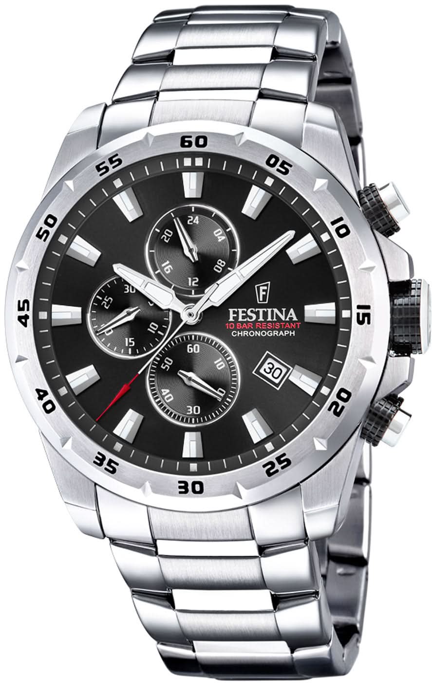 Chronographe pour homme en acier inoxydable avec cadran noir, trois compteurs et affichage de la date