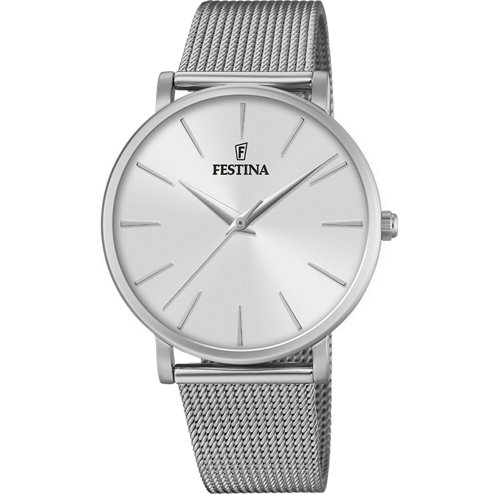 Festina Damenuhr Boyfriend: weißes Zifferblatt, silbernes Edelstahl-Mesharmband