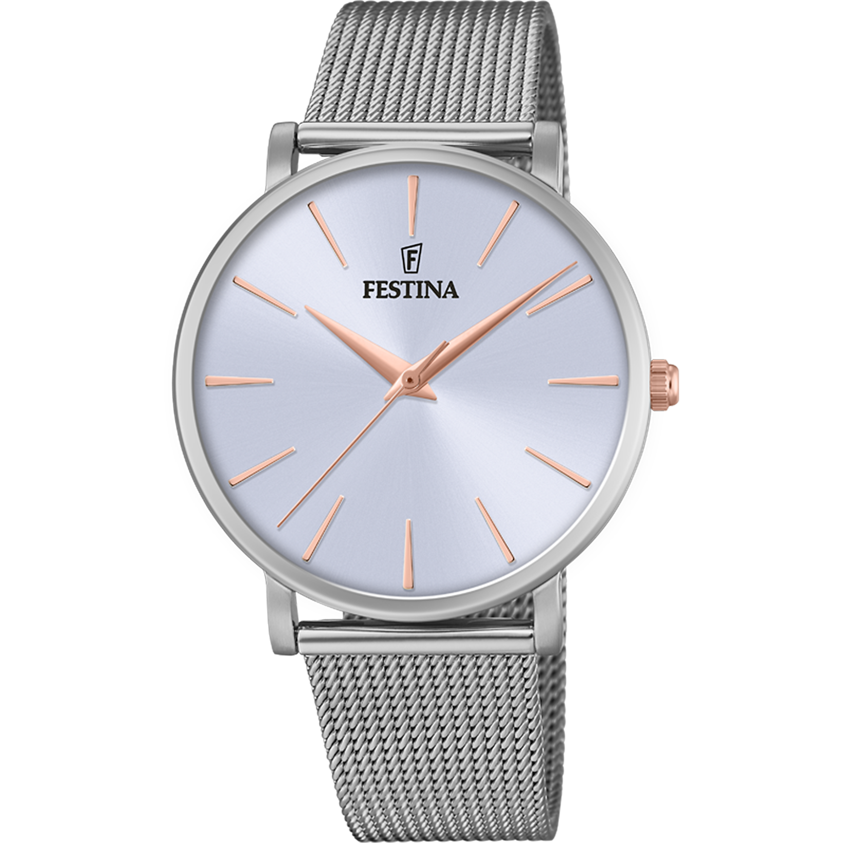 Festina Damenuhr mit blauem Zifferblatt, orange Zeigern und silbernem Edelstahl-Meshband