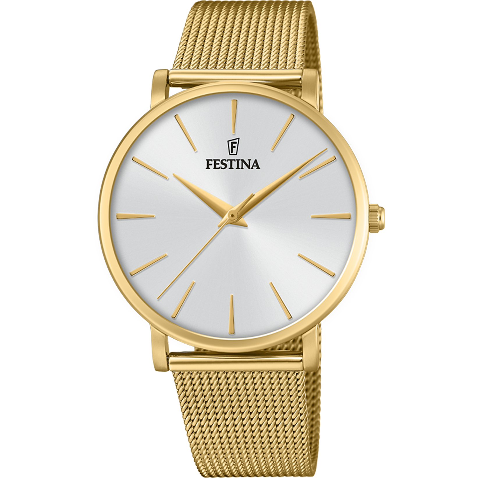 Festina Damenuhr mit rundem weißem Zifferblatt und goldfarbenem Mesh-Armband, Quarzwerk