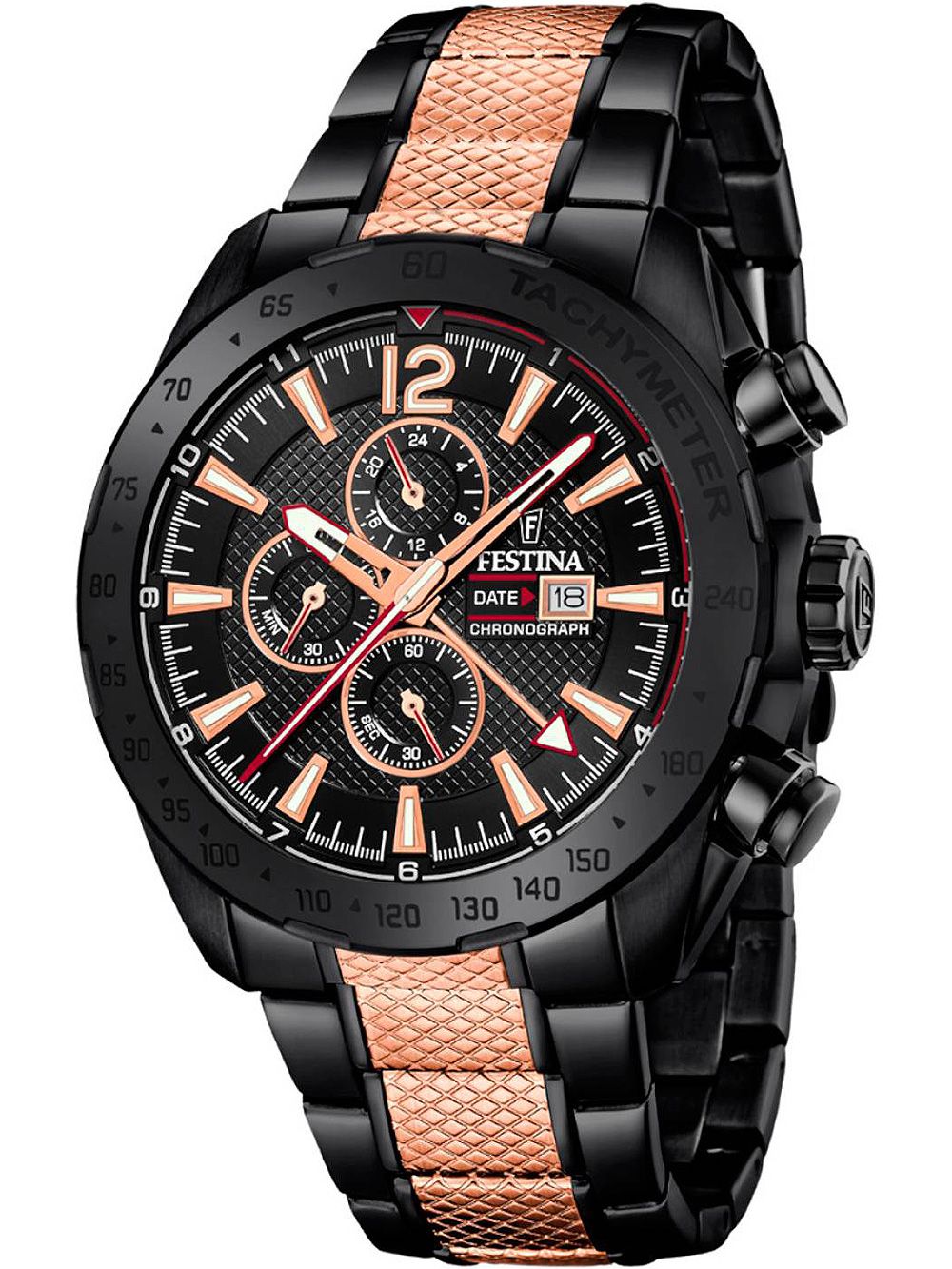 Festina Herren-Chronograph mit schwarzem Gehäuse, orangefarbenem Ziffernblatt und Armband