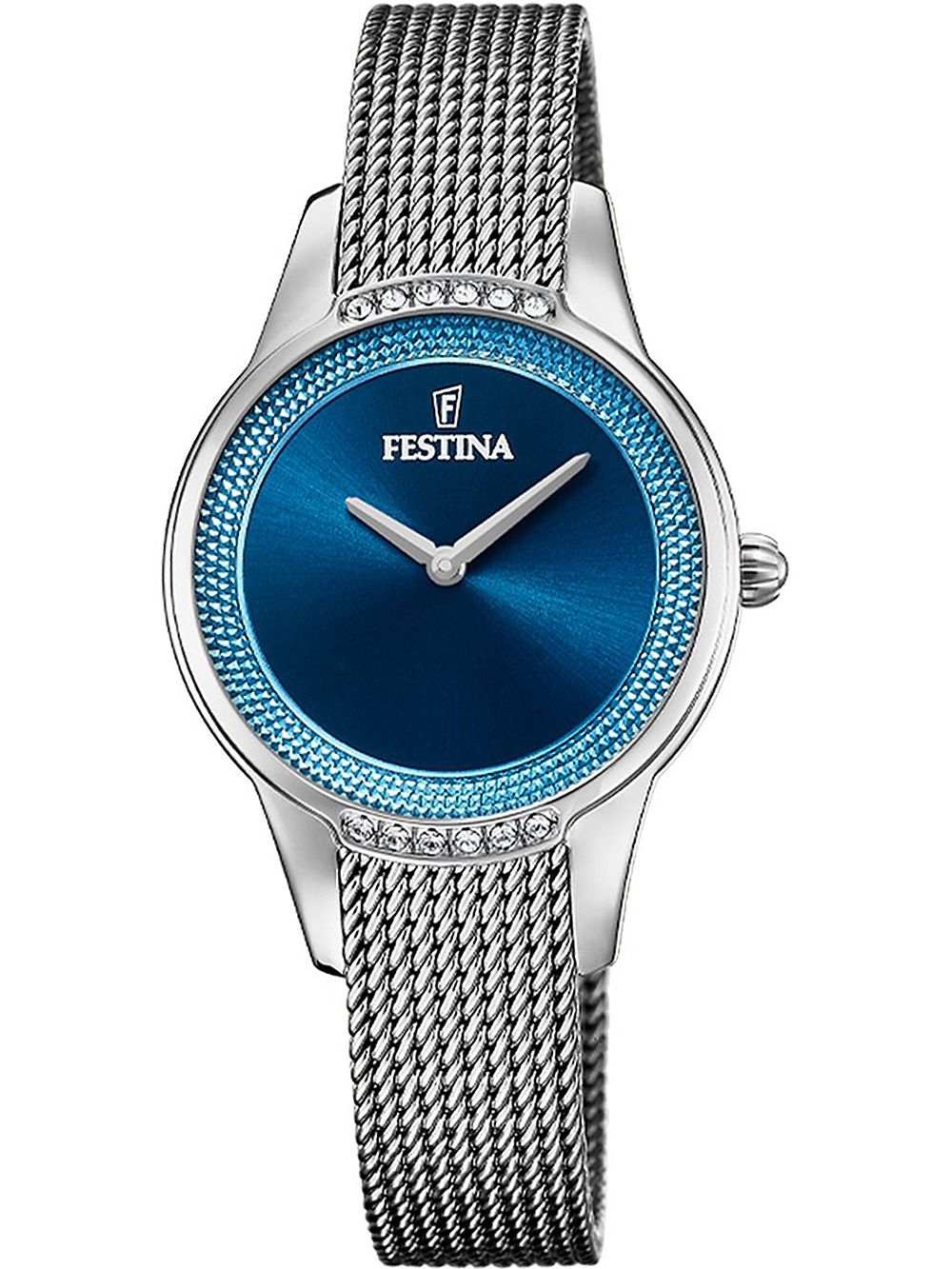 Damenuhr von Festina mit blauem Zifferblatt, Zirkonia-Lünette und Edelstahl-Meshband