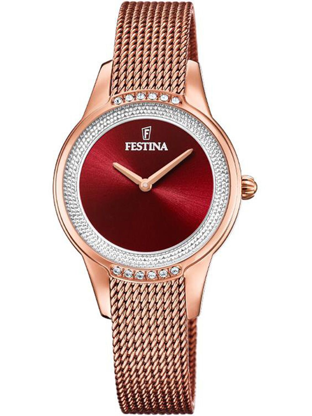 Festina Mademoiselle Damenuhr mit rotem Zifferblatt, Zirkonia-Lünette und Mesh-Armband