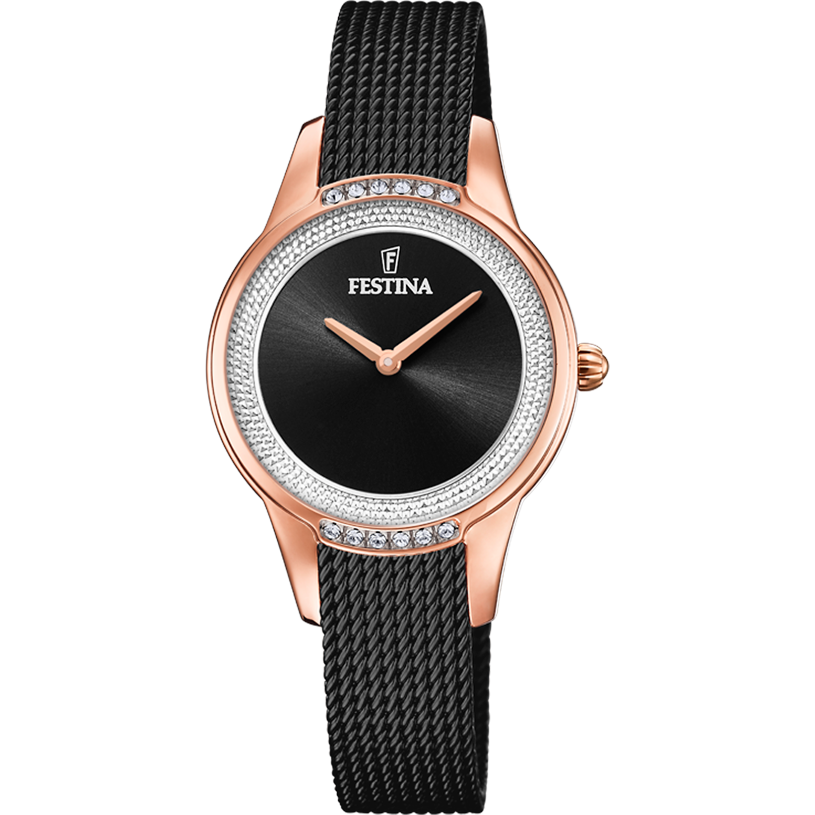 Festina Damenuhr mit schwarzem Zifferblatt, Zirkonia-Lünette und schwarzem Metallband