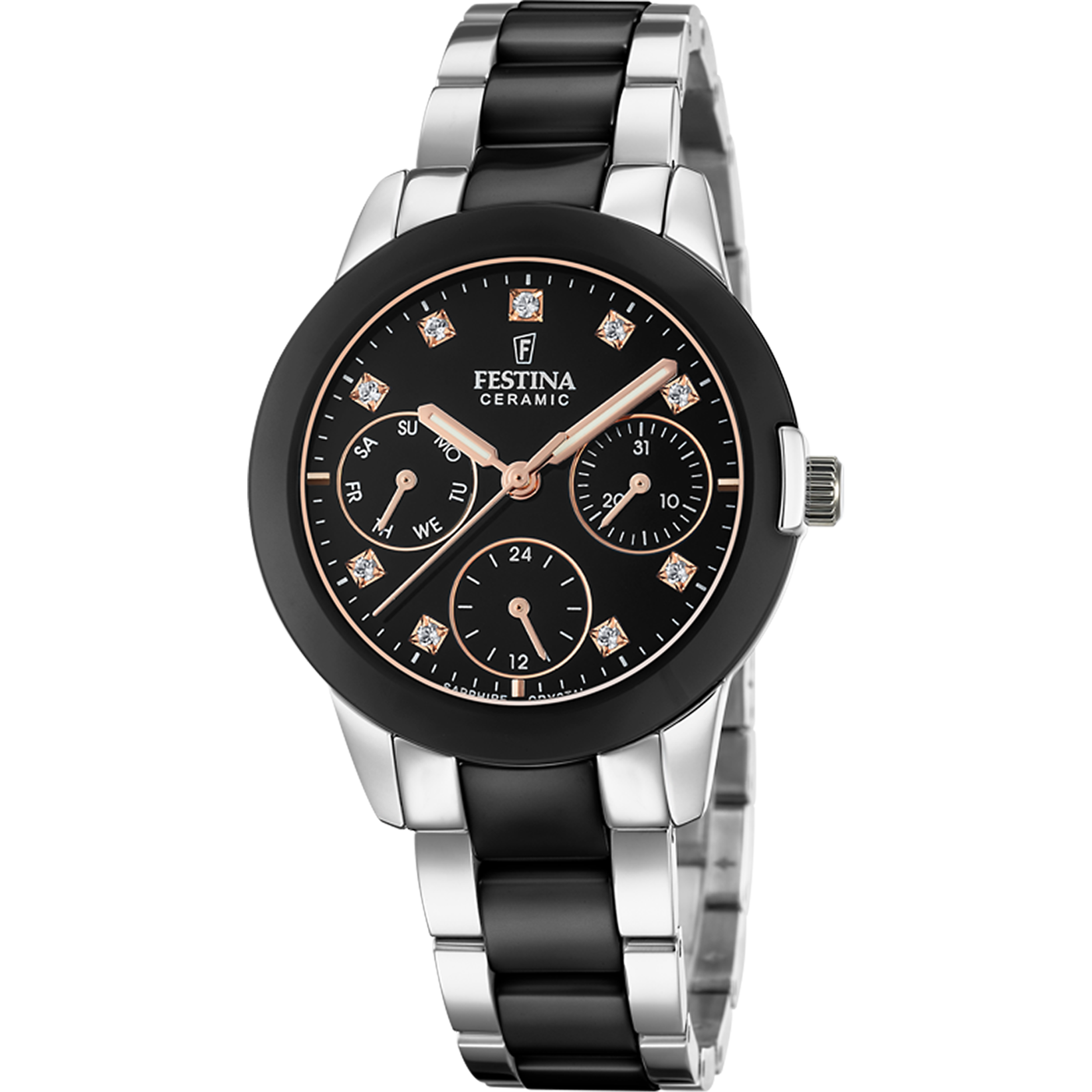 Festina Damenuhr mit schwarzem Zifferblatt, Keramikband und Edelstahlgehäuse