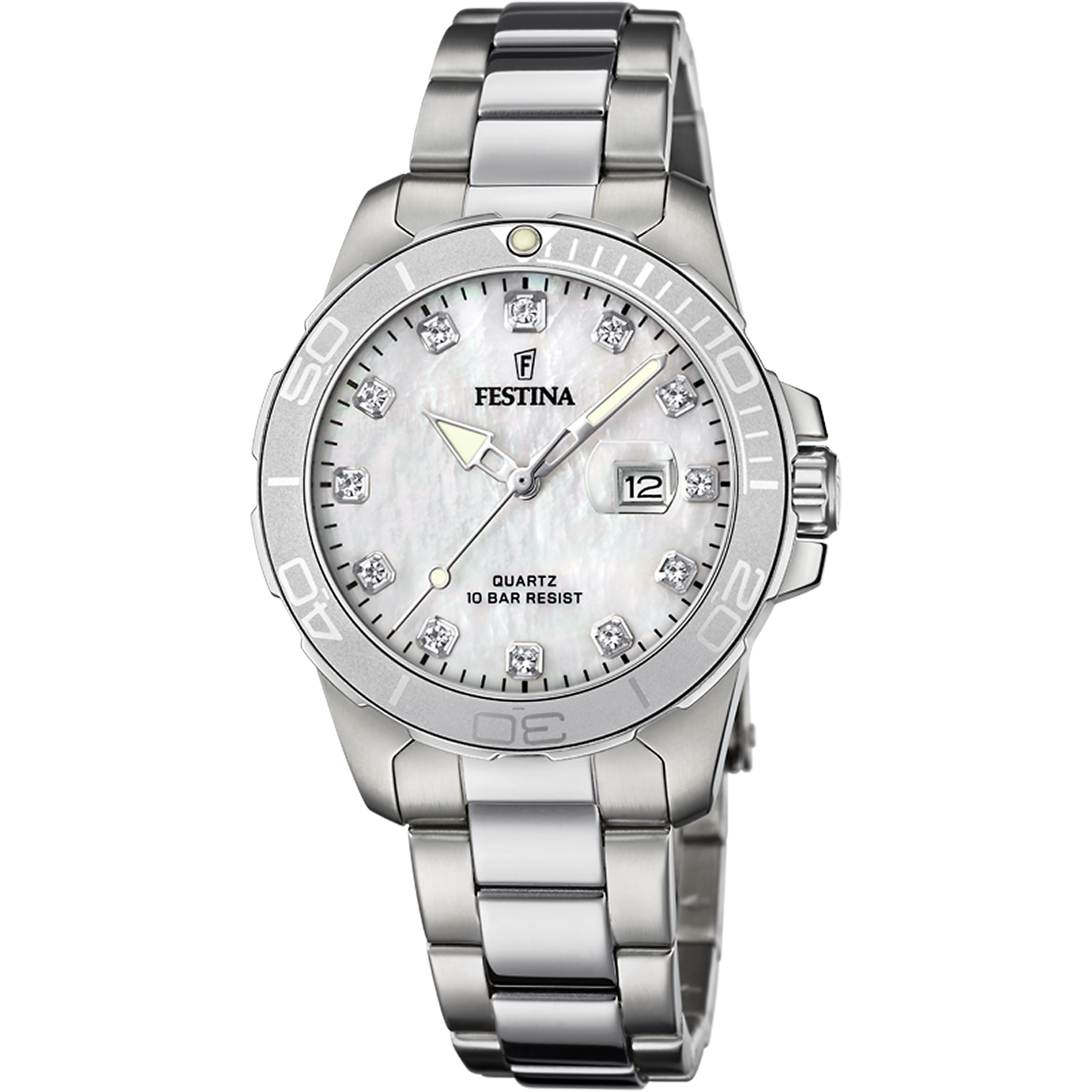 Festina Damenuhr mit Edelstahlarmband, rundem Gehäuse und Perlmuttzifferblatt, Datum bei 12