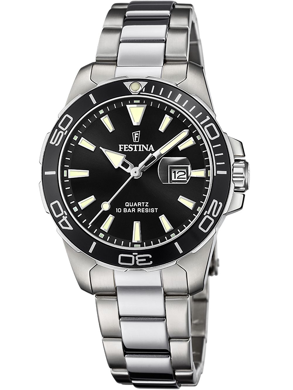 Festina Damenuhr mit schwarzem Zifferblatt, Datumsanzeige und Metallarmband
