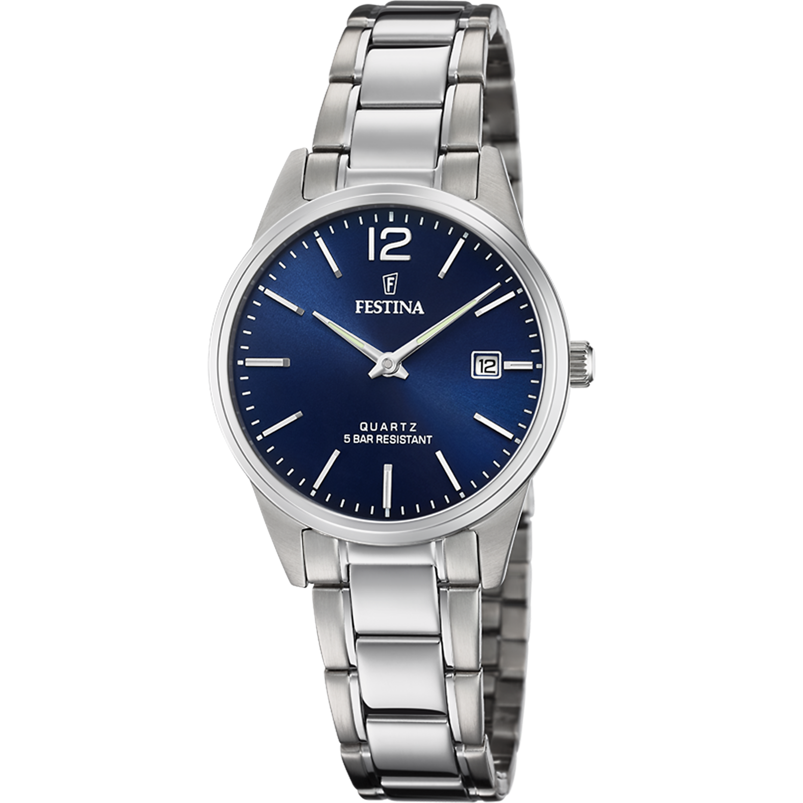 Festina Damenuhr mit blauem Zifferblatt, Edelstahlarmband und Mineralglas