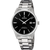 Herrenuhr mit schwarzem Zifferblatt, silbernem Metallarmband und 12-Uhr-Datum