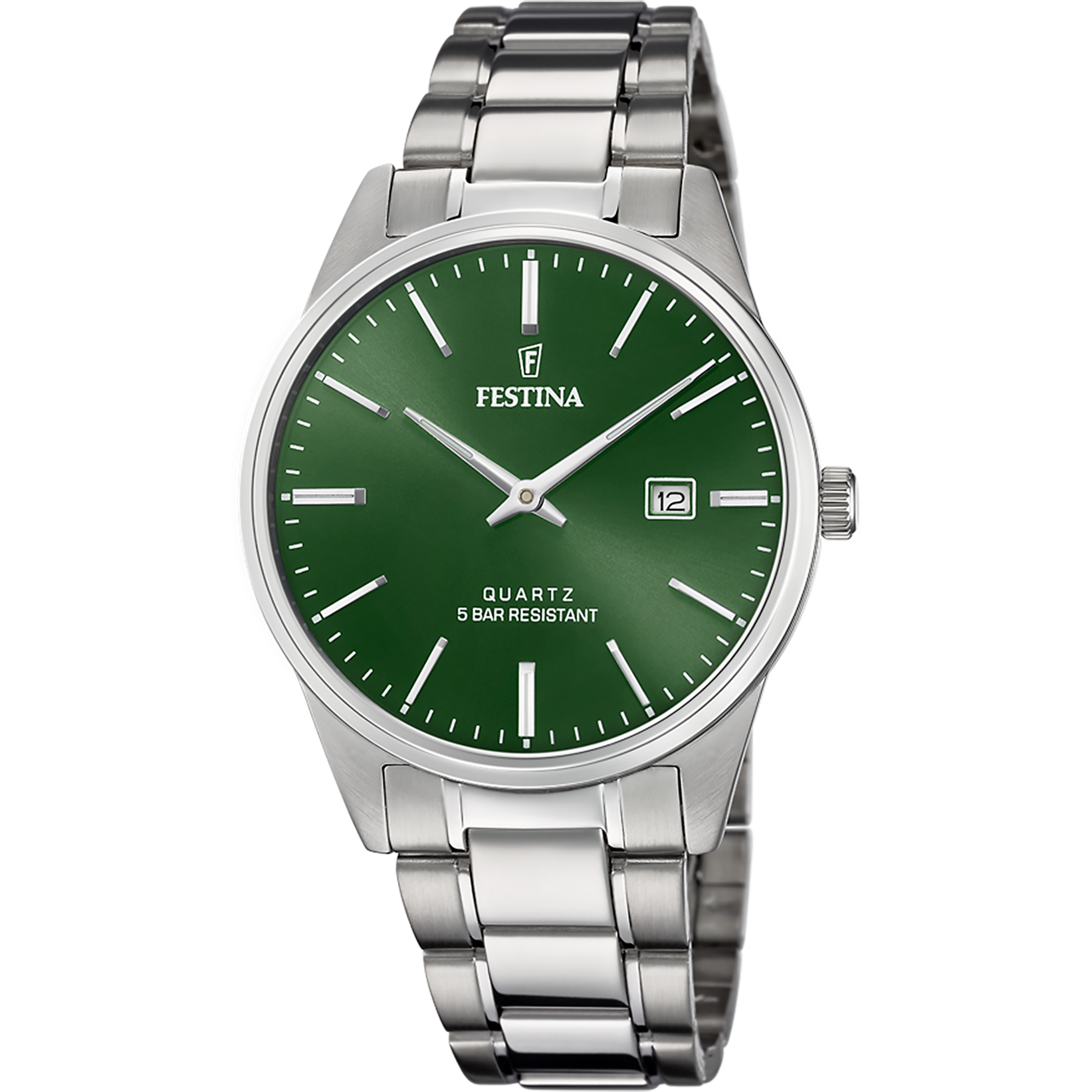 Festina Herrenuhr mit grünem Zifferblatt, Edelstahlband und Datumsanzeige bei 12