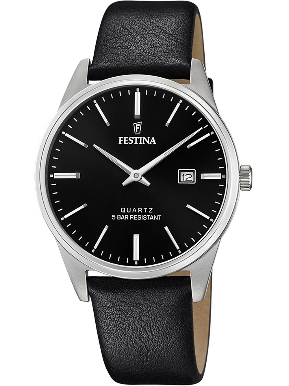 Festina Herrenarmbanduhr mit schwarzem Lederarmband, schwarzem Zifferblatt, Quarz