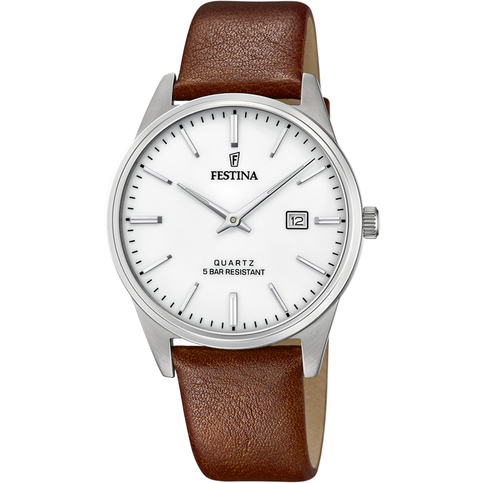 Festina Herrenuhr mit silbernem Gehäuse, weißem Zifferblatt und braunem Lederarmband.