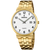 Goldfarbene Herrenarmbanduhr mit weißem Zifferblatt, arabischen Ziffern und Datumsfenster bei 12