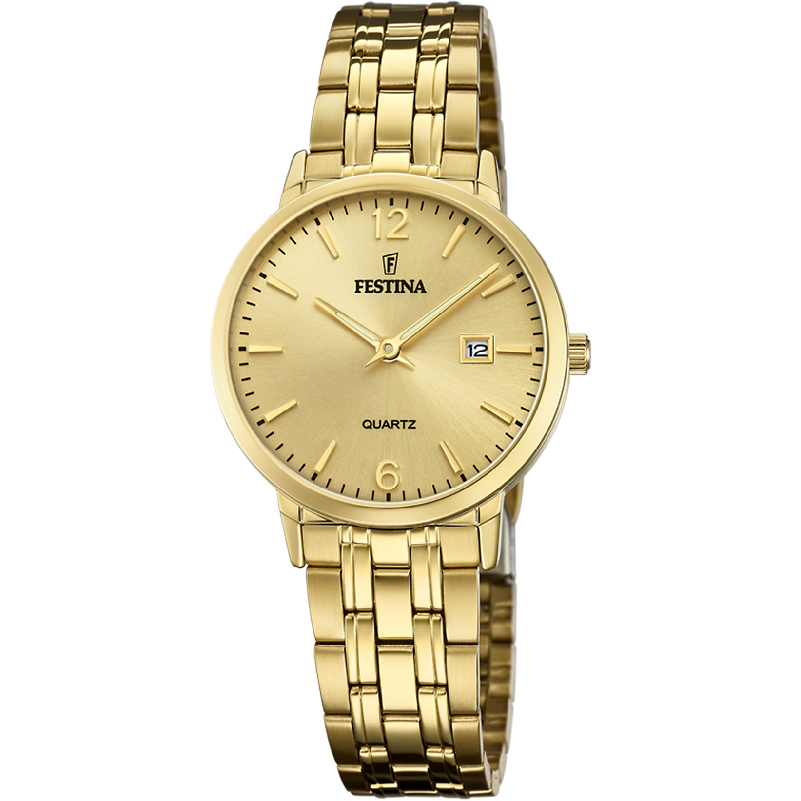 Festina Damenuhr mit goldfarbenem Metallarmband, rundem Zifferblatt und Mineralglas