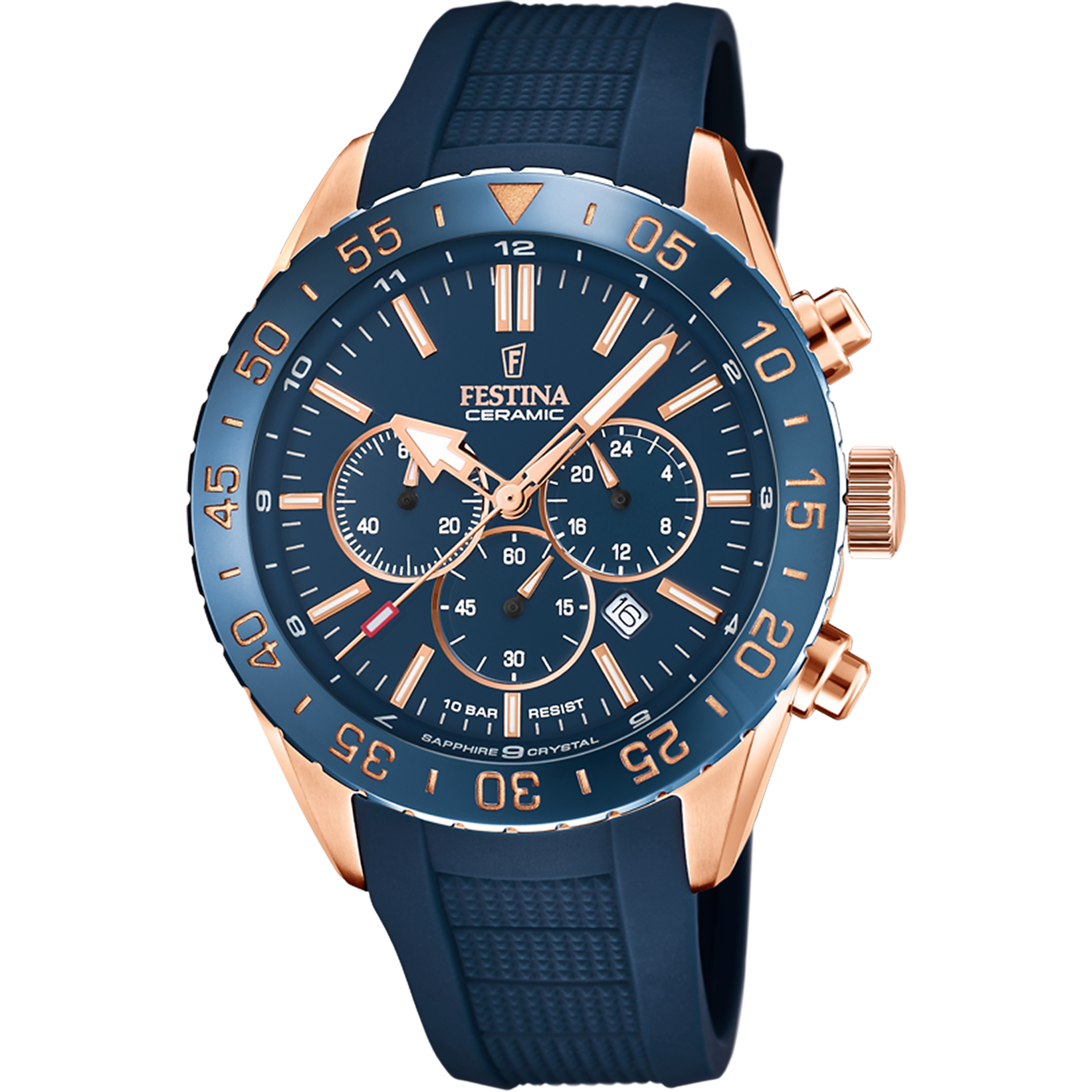 Festina Ceramic Chronograph Herrenuhr: blaues Zifferblatt, roségoldene Lünette, blaues Armband