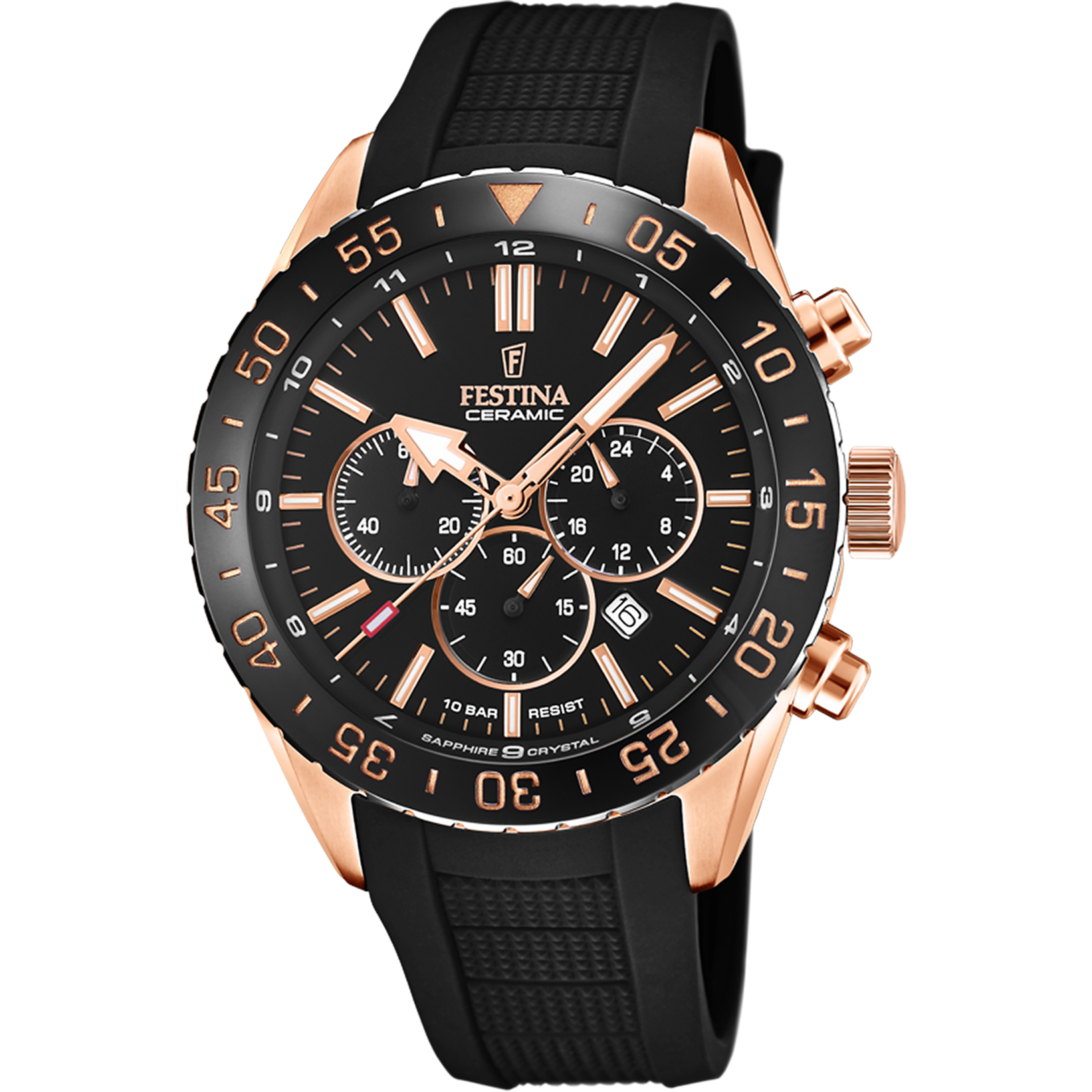 Herrenarmbanduhr Festina mit schwarzem Zifferblatt, roségoldfarbenem Gehäuse und schwarzem Armband