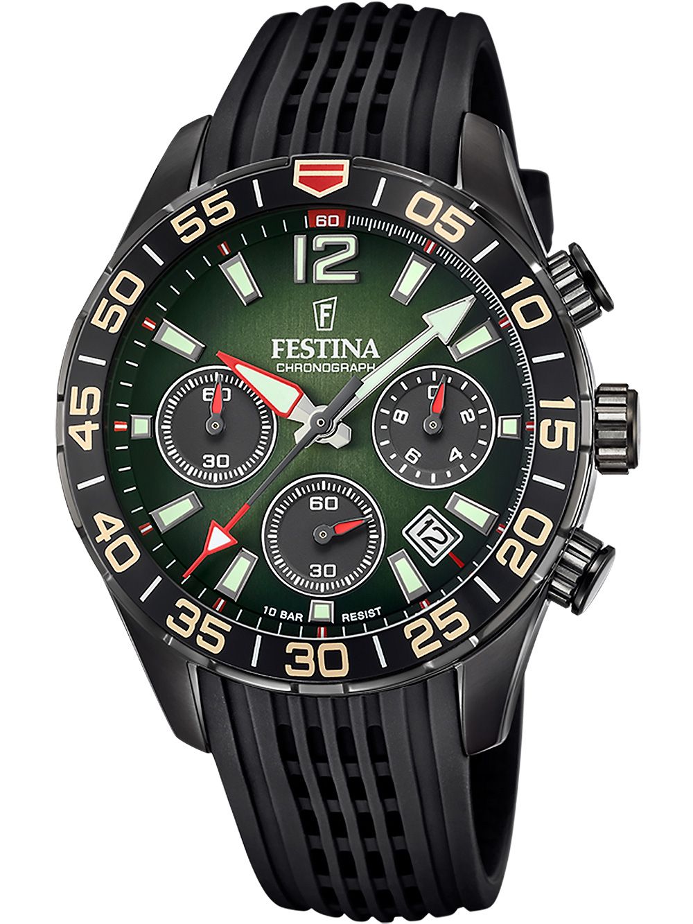 Festina Herrenuhr mit Chronograph, schwarzes Armband, grünes Zifferblatt und schwarze Drücker
