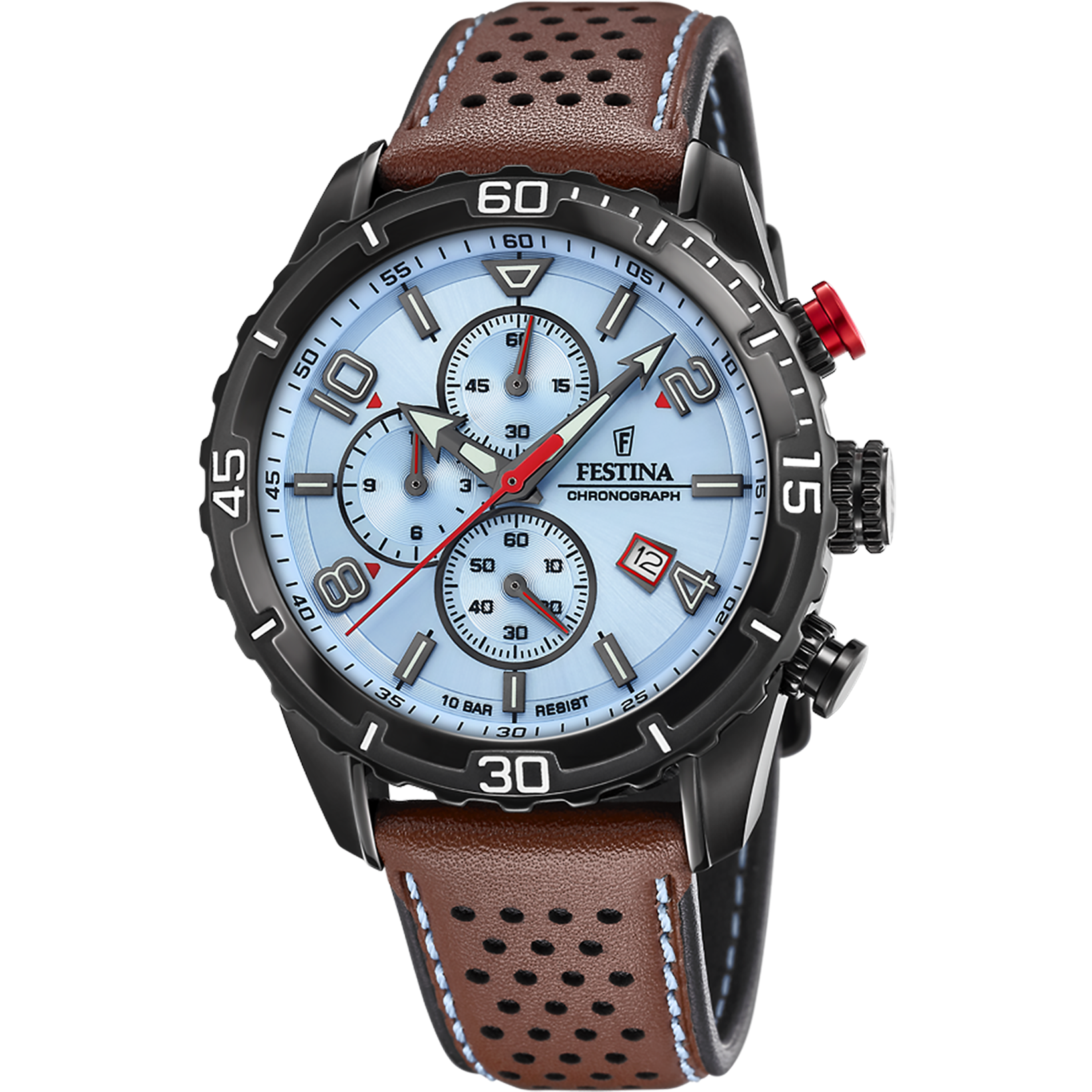 Herrenuhr mit blauem Zifferblatt, Chronograph und braunem perforiertem Lederarmband