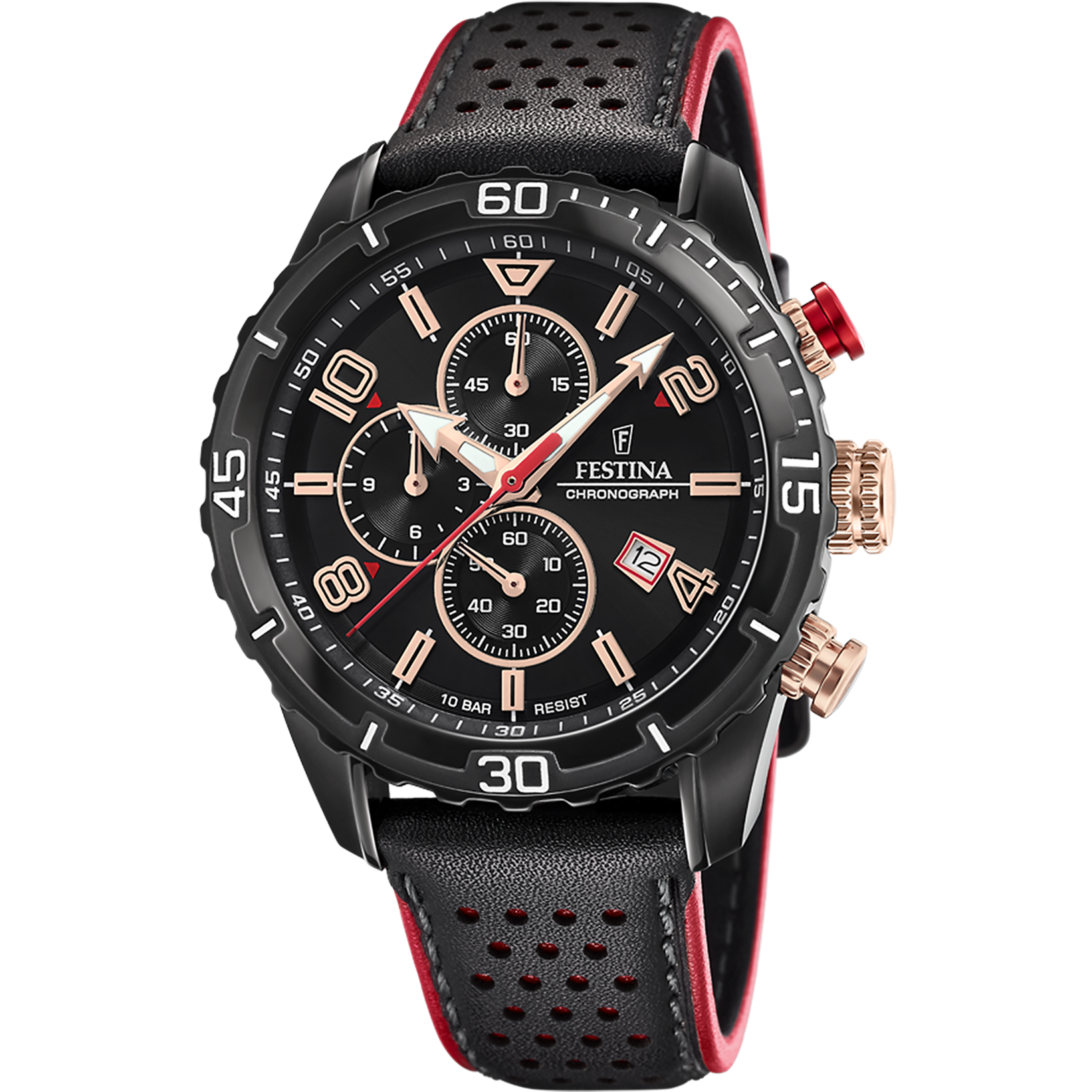 Festina Chronograph-Herrenuhr: schwarzes Zifferblatt, Stoppuhr-Subdials, schwarzes/rotes Lederband.