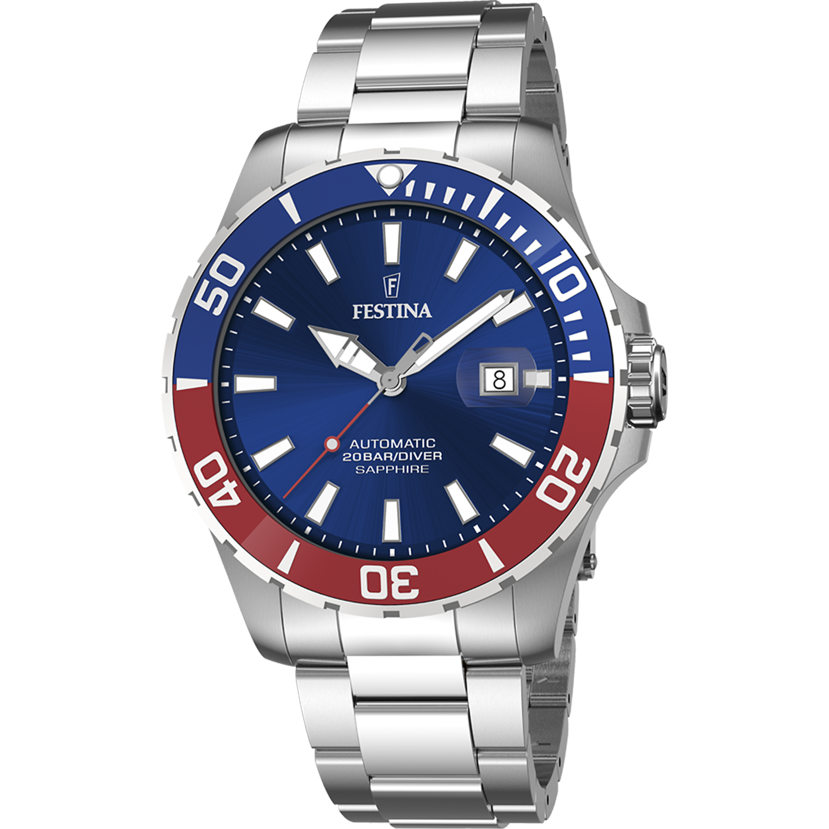 Festina Herren-Diveruhr mit blauem Zifferblatt, roter/blauer Lünette und Edelstahlband