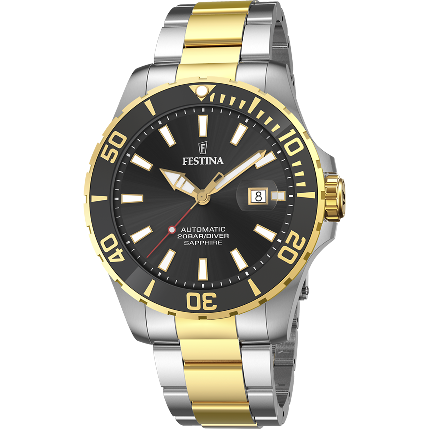 Festina Diver Herrenarmbanduhr mit schwarzem Zifferblatt, gold-silbernem Metallband und Lünette
