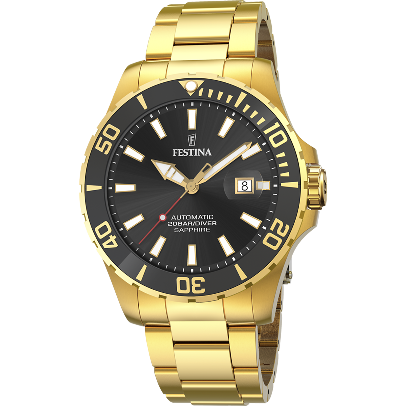 Festina Herrenarmbanduhr mit schwarzem Zifferblatt, goldener Lünette und Datumsfenster