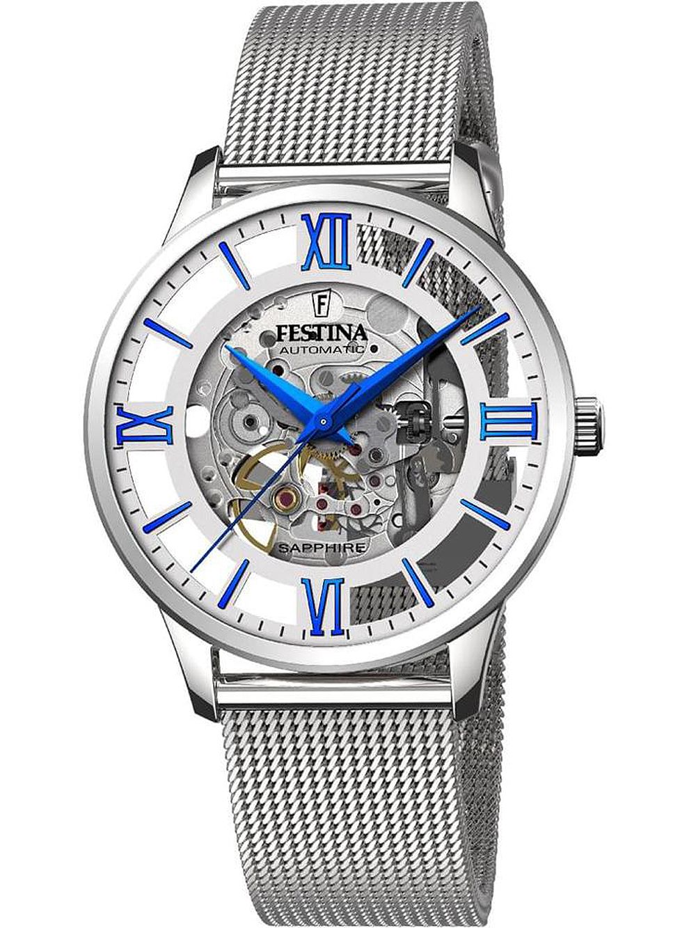 Festina Herrenuhr mit silbernem Edelstahl-Meshband, blauem Zifferblatt mit römischen Zahlen