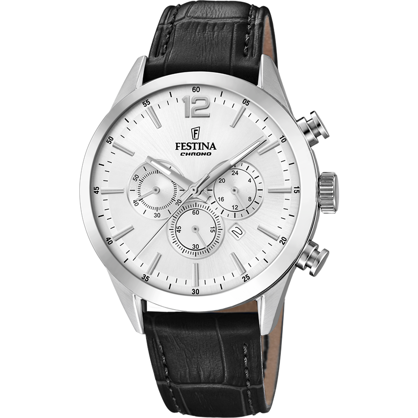 Festina Herrenuhr Chronograph mit silbernem Gehäuse, weißem Zifferblatt und schwarzem Lederband.