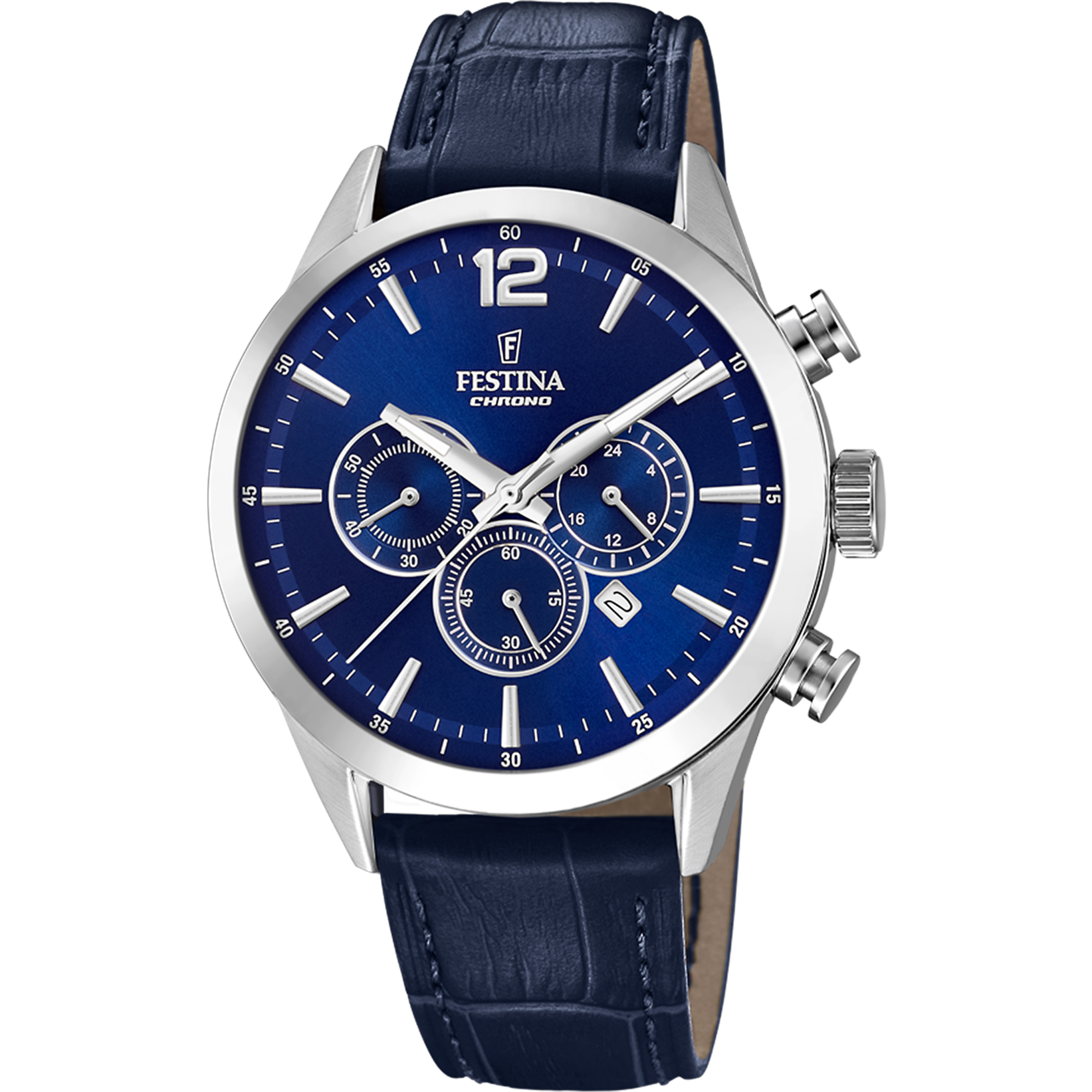 Festina Chronograph Herrenuhr mit blauem Zifferblatt und blauem Lederarmband