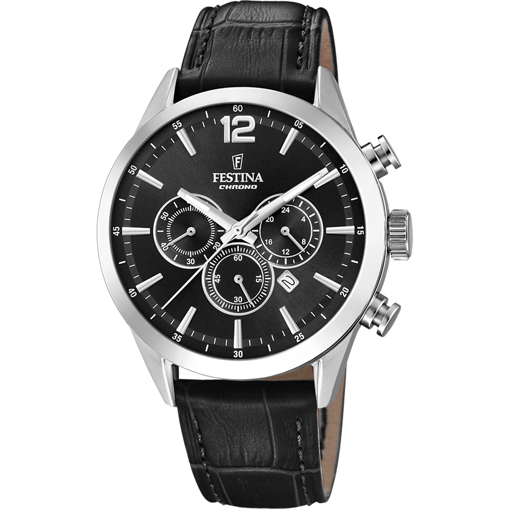 Herren-Chronograph mit schwarzem Zifferblatt, silbernem Edelstahlgehäuse und schwarzem Lederarmband