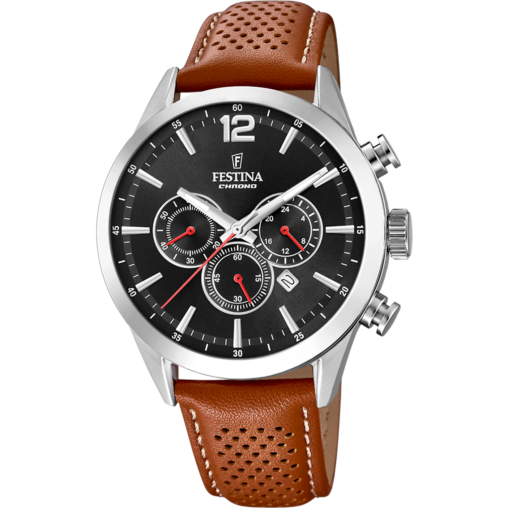 Festina Chronographenarmbanduhr mit schwarzem Zifferblatt und braunem Lederband