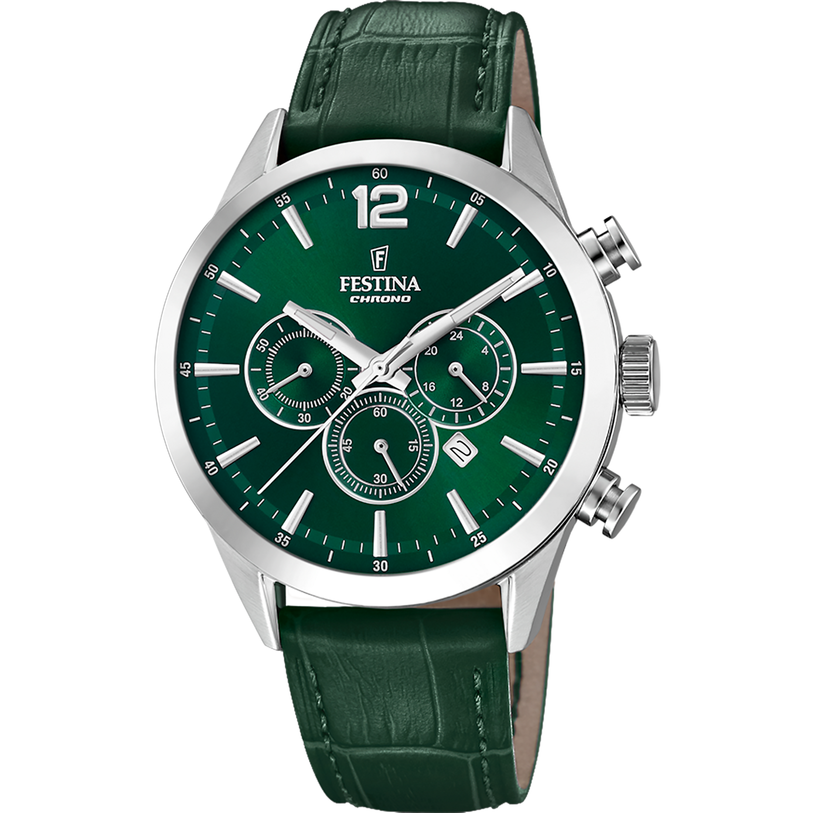 Festina Herren-Chronograph: grünes Zifferblatt, silbernes Gehäuse, Lederarmband