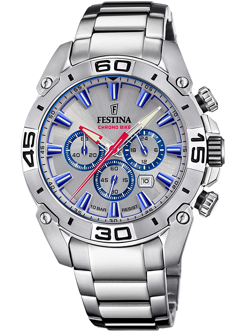 Herrenuhr: silbernes Gehäuse, blaues Zifferblatt, Chronograph mit roten Details