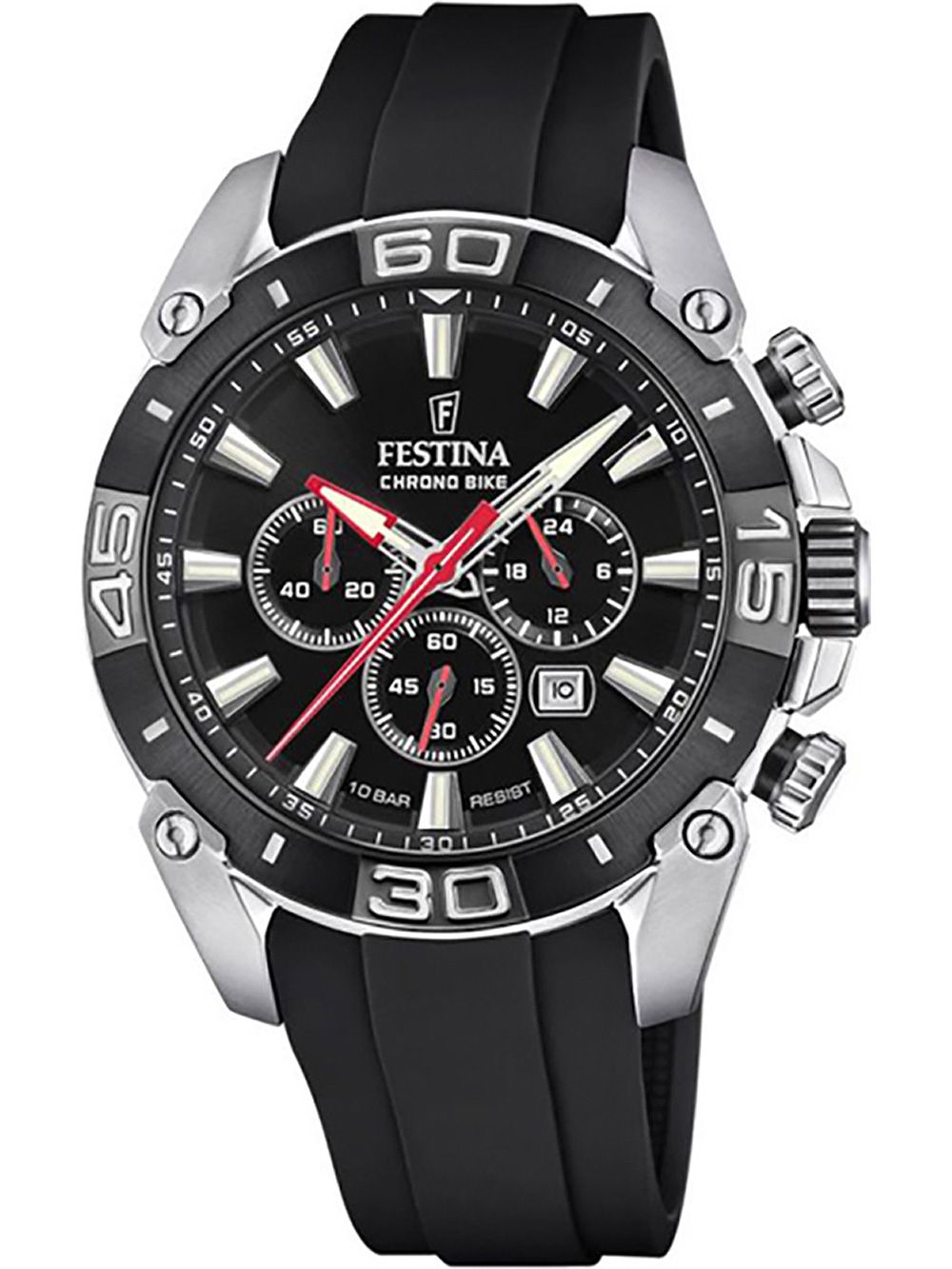 Festina Chrono Bike Herrenuhr: schwarzes Zifferblatt, Chronograph, schwarzes Silikonarmband