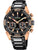 Herrenuhr mit schwarzem Zifferblatt und Roségold-Indexen, Chronograph-Design, Metallarmband