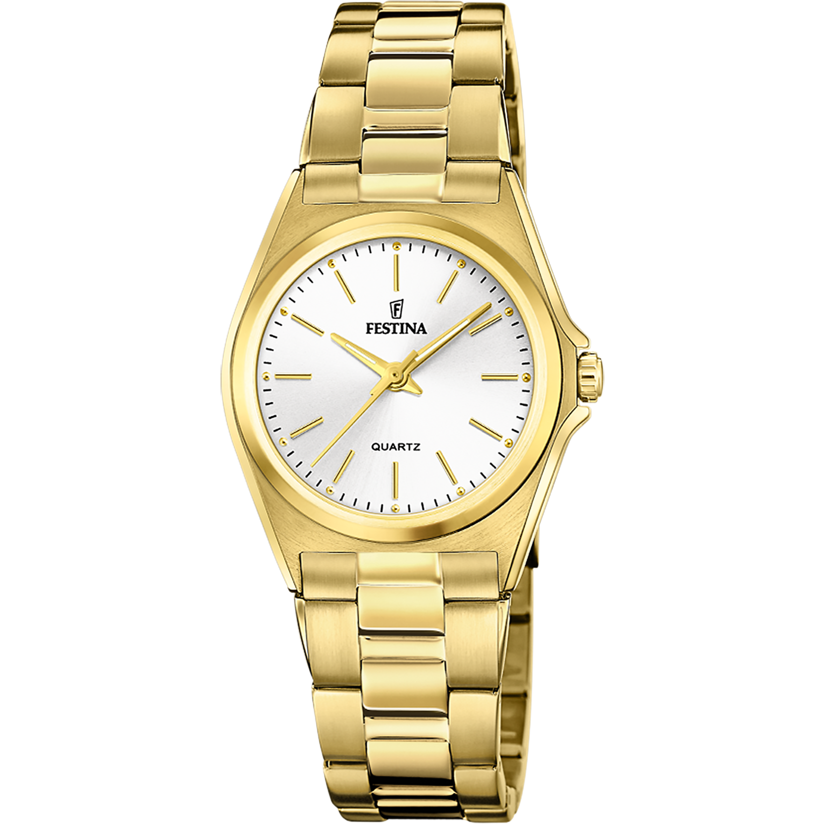 Festina Damenuhr mit Metallarmband, goldenem Gehäuse und weißem Zifferblatt.