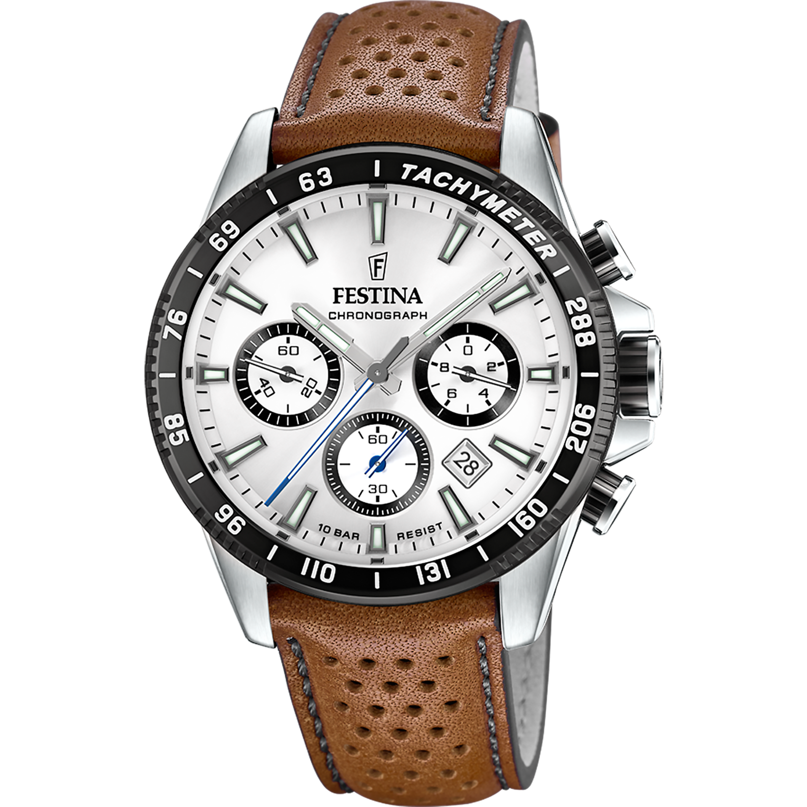 Herrenuhr: Chronograph mit silberfarbenem Gehäuse, weißem Ziffernblatt und braunem Lederband