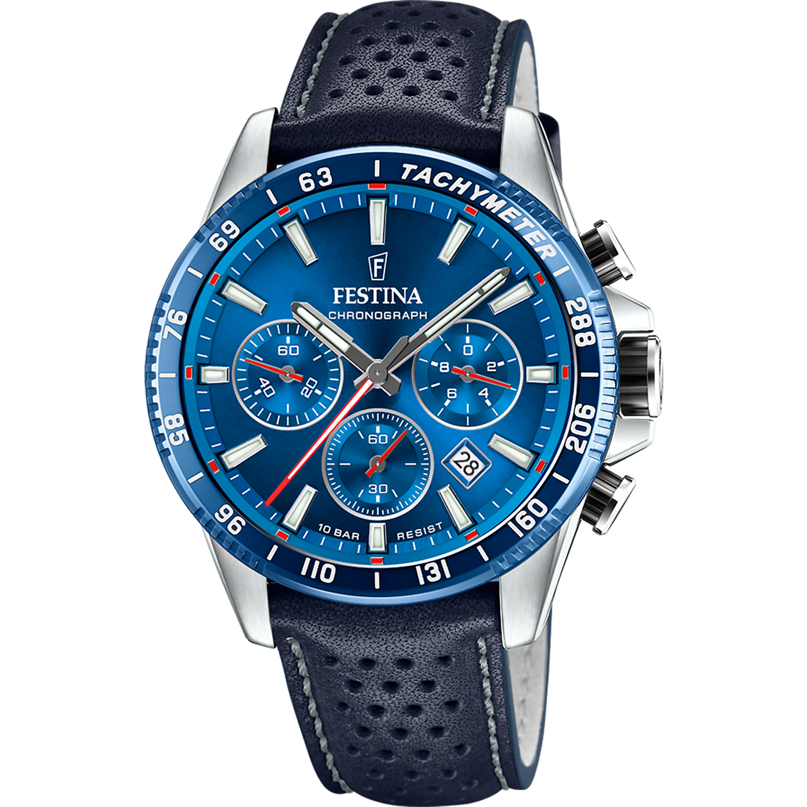 Herren-Chronographuhr mit blauem Zifferblatt, Tachymeter-Lünette und dunkelblauem Lederarmband