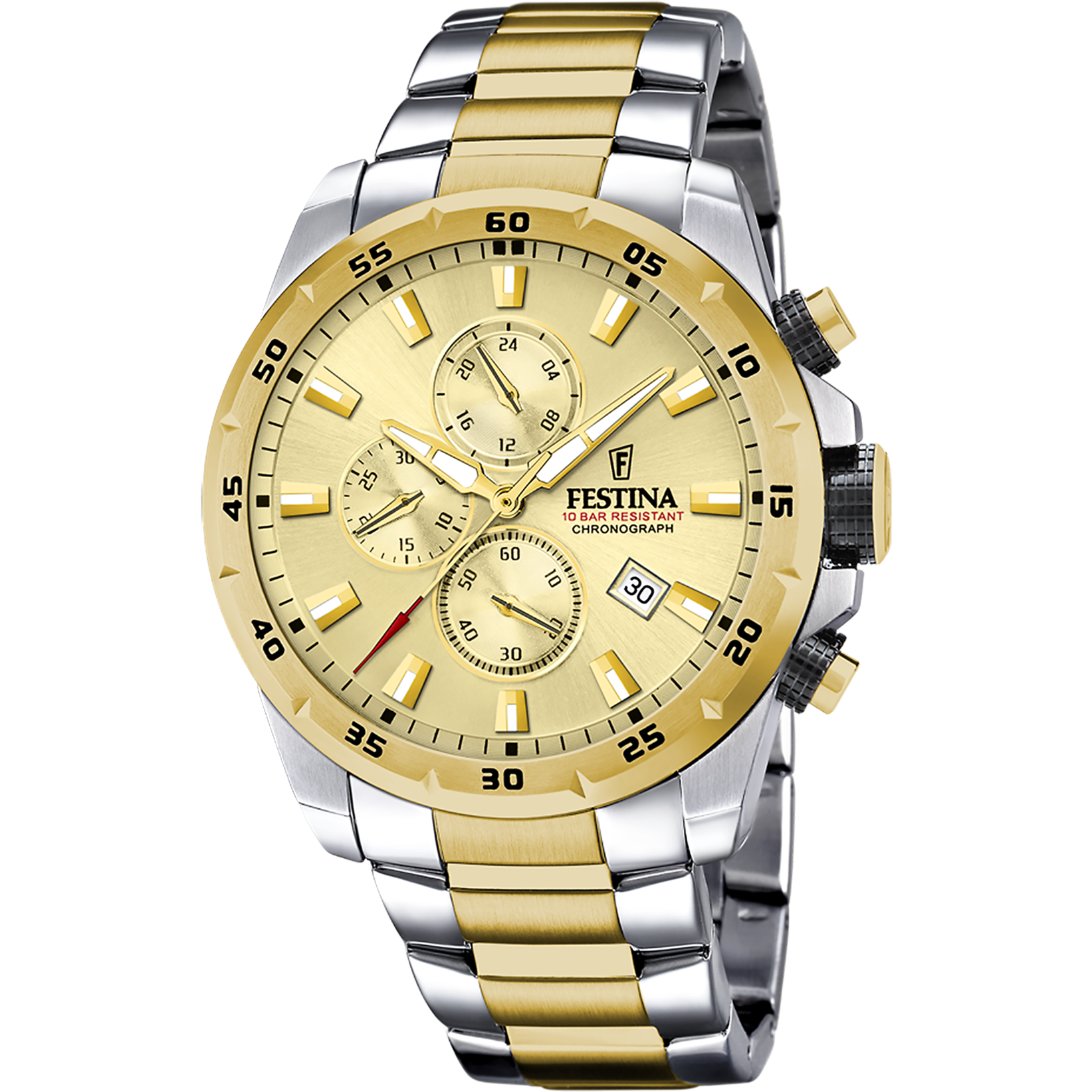Festina Herren-Chronograph mit goldfarbenem Zifferblatt, Subdials, Datum und Edelstahlarmband