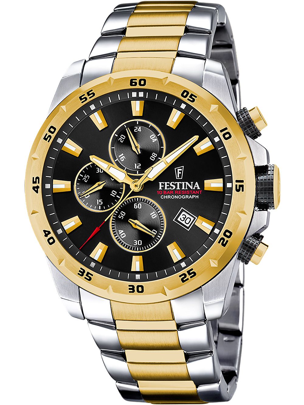 Bicolor-Herrenuhr von Festina mit schwarzem Zifferblatt, Chronograph und Tachymeter-Lünette