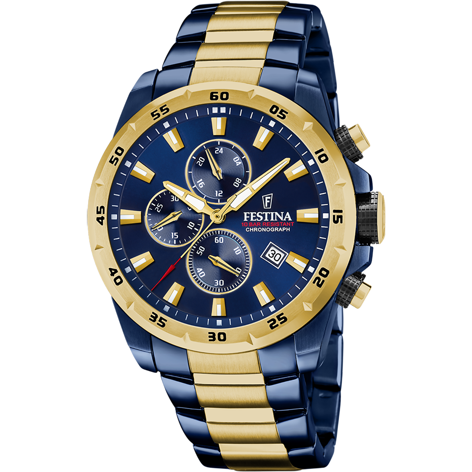 Festina Sportchronograph Herrenuhr mit blauem Zifferblatt, goldfarbenen Akzenten, Edelstahlarmband