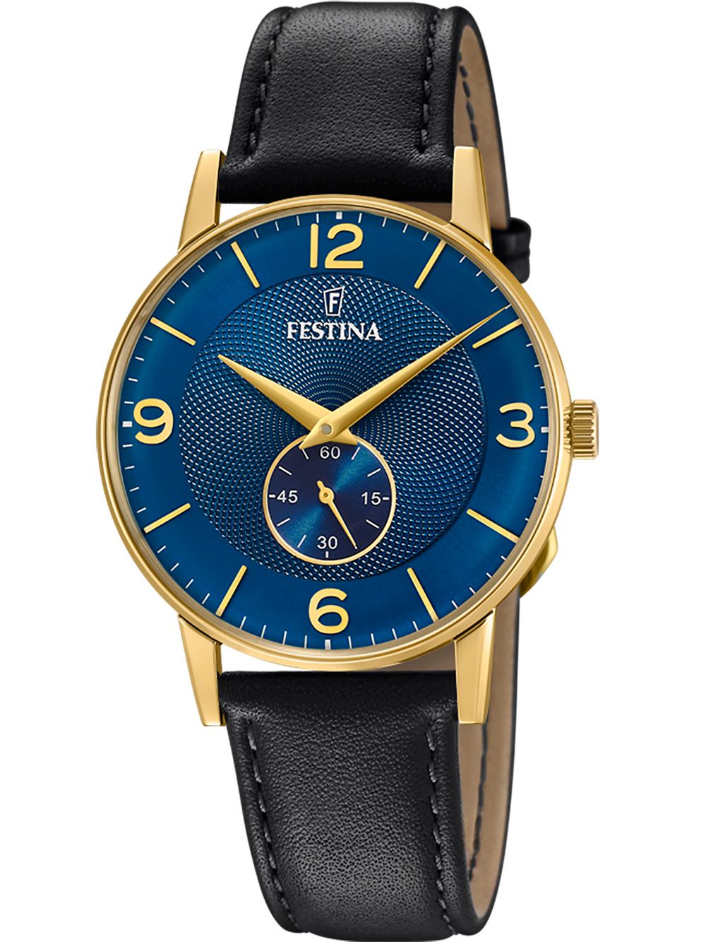 Festina Herrenuhr mit blauem Zifferblatt, goldfarbener Lünette und schwarzem Lederarmband