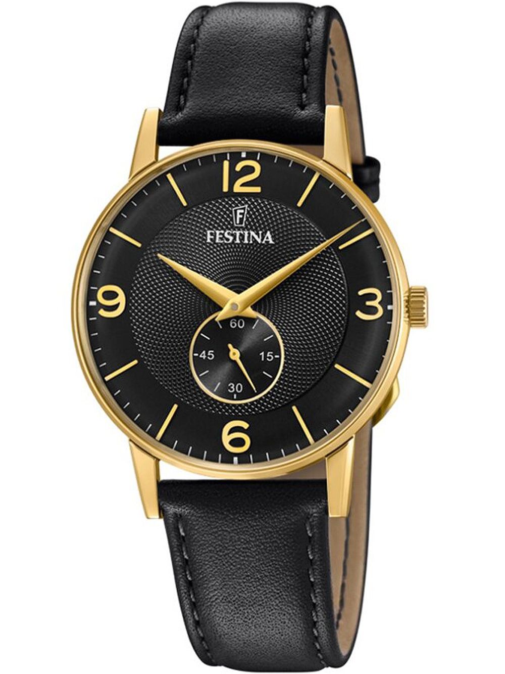 Festina Herrenarmbanduhr: schwarzes Zifferblatt, goldfarbene Lünette, schwarzes Lederband
