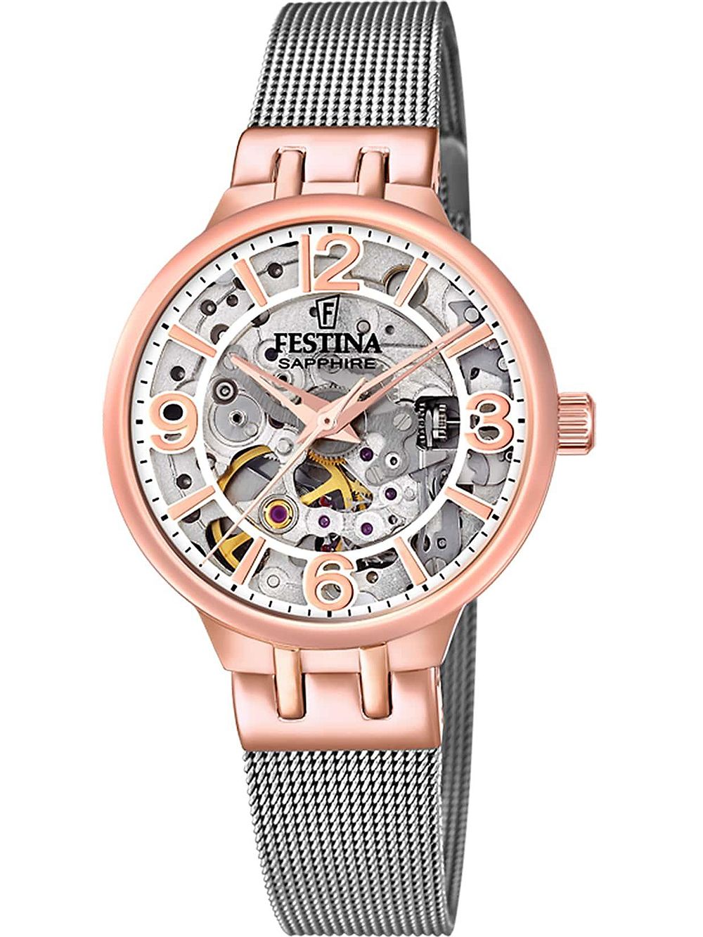 Festina Damenuhr mit Roségold-Gehäuse, Mesharmband und Skelettwerk
