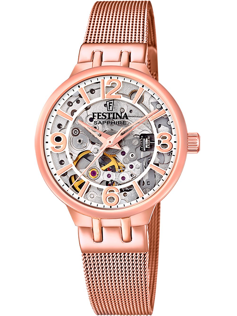 Festina Damenuhr mit Skelettzifferblatt, roségoldfarbenem Meshband und Saphirglas