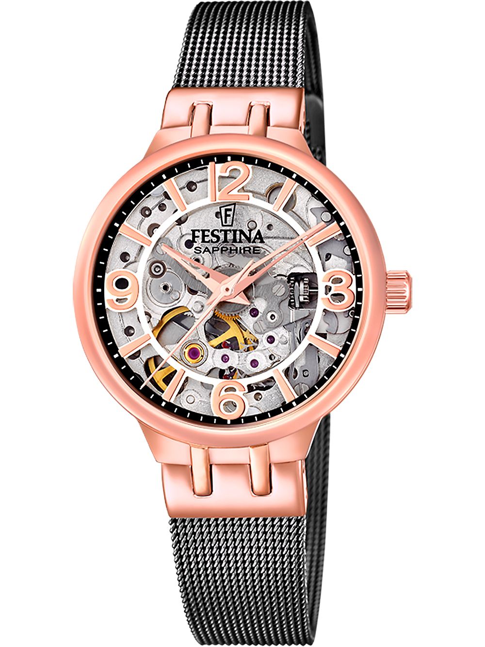 Festina Damen-Skeletonuhr mit roségoldenem Gehäuse, schwarzem Metallband und sichtbarem Uhrwerk