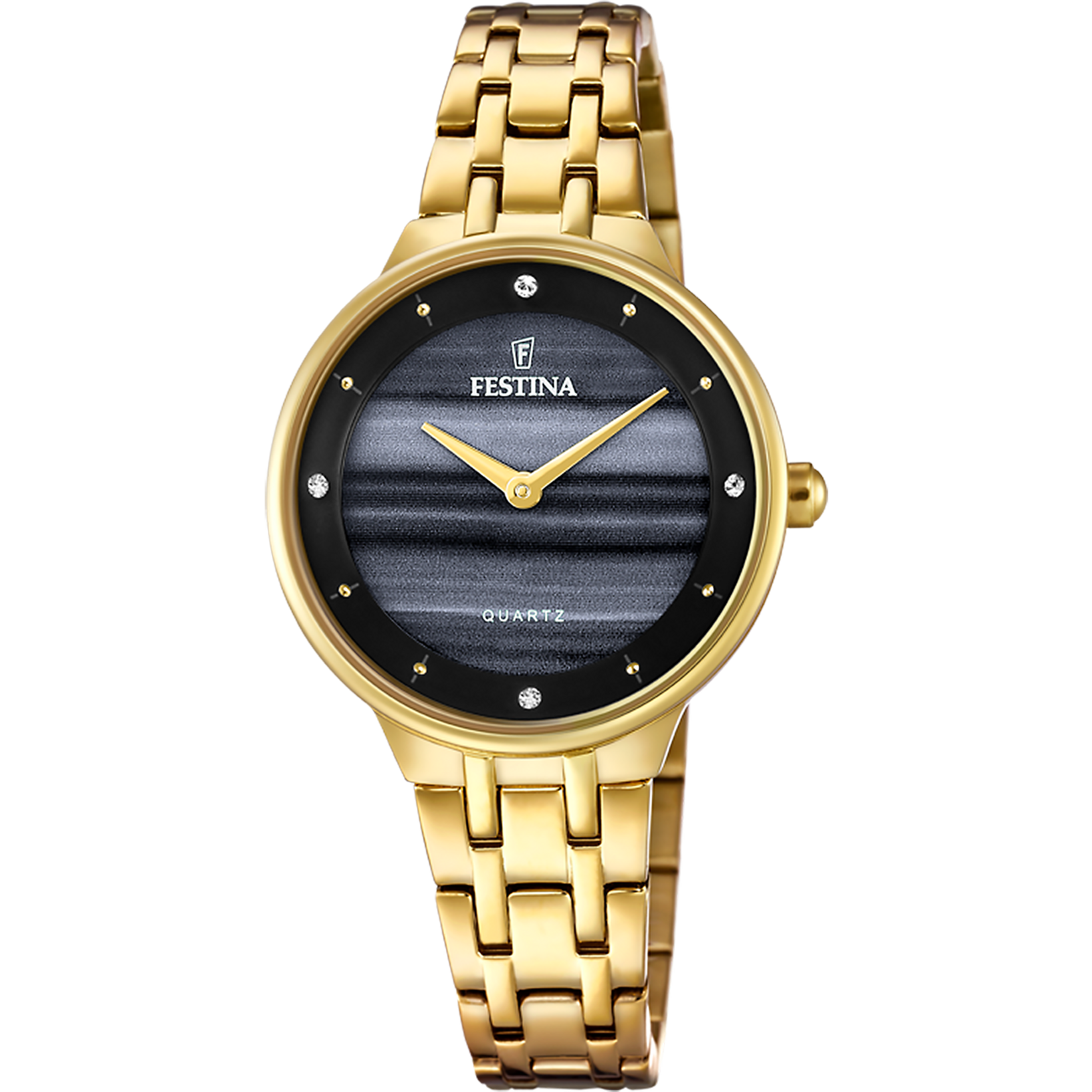 Festina Damenuhr mit goldfarbenem Metallarmband, schwarzem Zifferblatt und silbernen Indexen